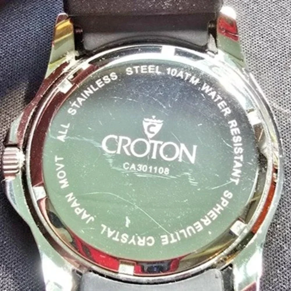 Croton CA301108 Mens Watch Black Dial Day Date Stainless Steel Rubber Strap